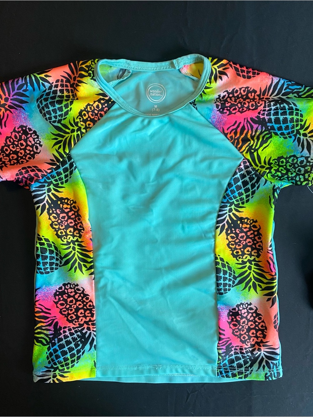 wonder nation Turquoise Rash Guard with Neon Pineapple Print Sleeves